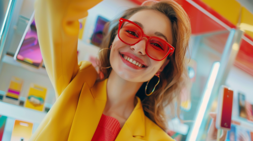 Woman in red glasses taking selfie