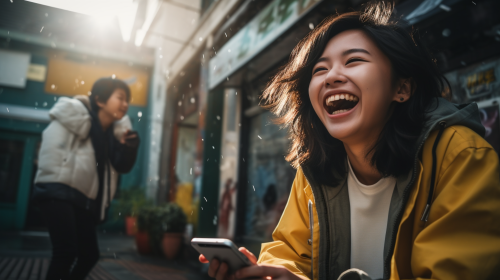 Happy young adults using phone