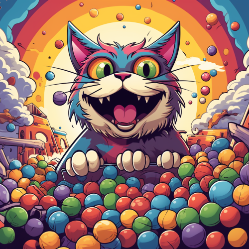 Happy cat roaring in colourful wool ball background