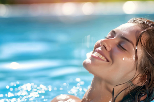 Happy woman pool summer wellness