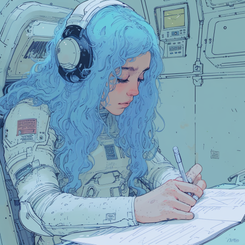 Happy woman writer in spaceship with blue hair Happy woman writer in spaceship with blue hair