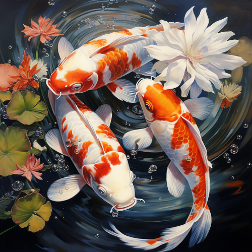 Two white koi fish swimming harmoniously