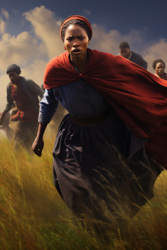 Harriet Tubman running through a field, escaping slavery