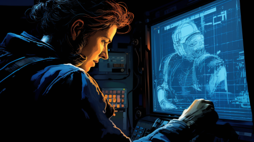 Harrison Ford examining data panel window in sci-fi setting