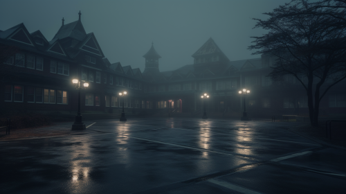Haunted elementary school in rainy winter evening
