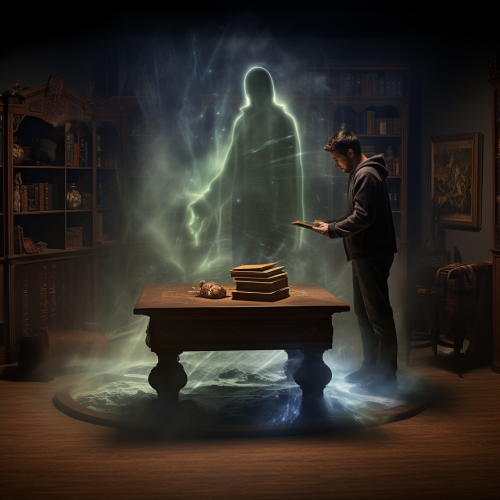 Ghost, man, witch, and 3D illusion book