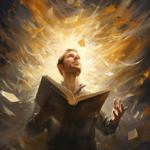 Pages falling from man's bent neck