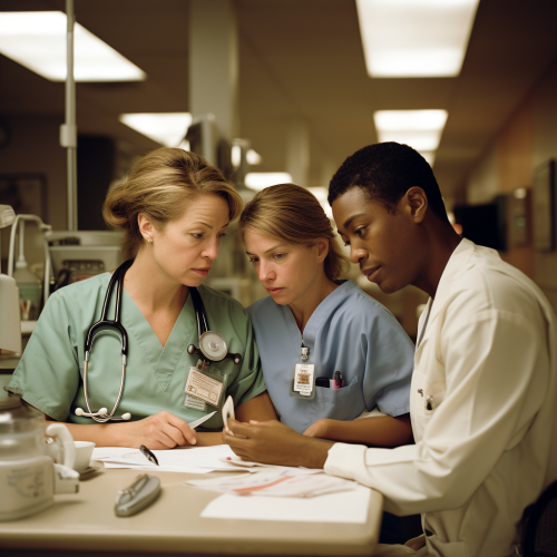 Healthcare worker and interpreter communicating with diverse family Healthcare worker and interpreter communicating with diverse family