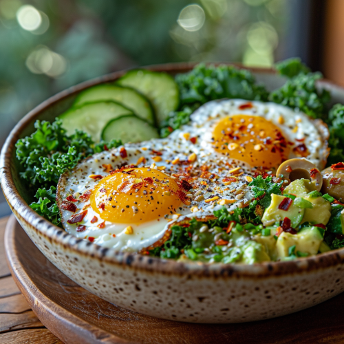 Healthy steaming dish with fried eggs