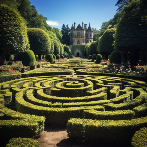 A stunning hedge maze with vibrant flowers and towering trees