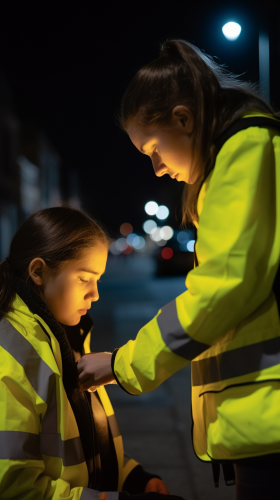 Woman helping young person sleep on street at night