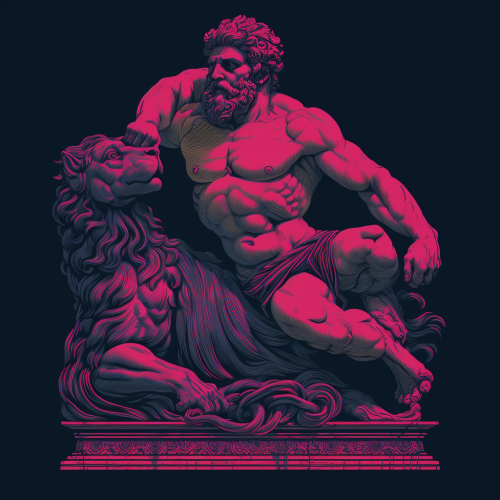Hercules wrestling lion in Japanese woodblock style Hercules wrestling lion in Japanese woodblock style