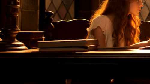 Hermione Granger studying in Hogwarts library