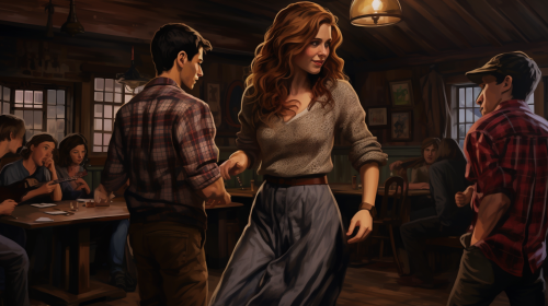 Hermione dancing in 60's style twilight country pub