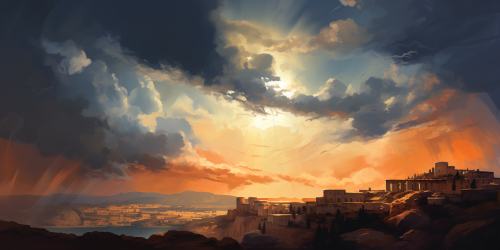Expressive digital painting of hero lighting old Roman landscape