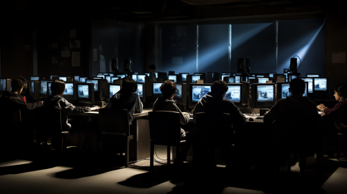 Silhouettes of students in dimly lit room