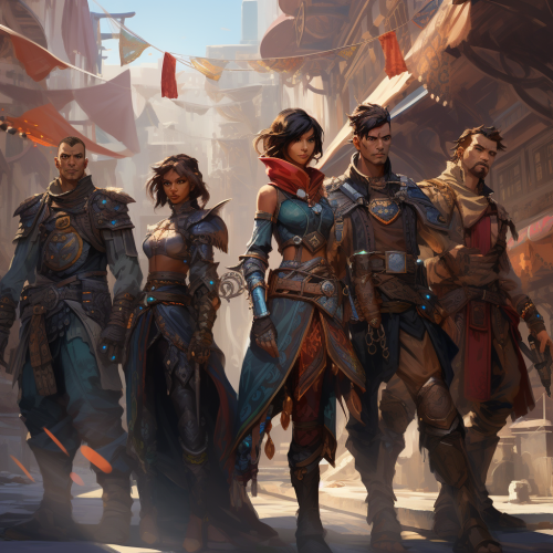 High-level adventurers in fancy armor exploring an oriental market