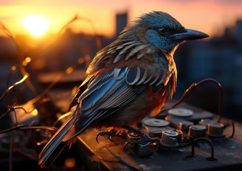 High tech bird catching worm at sunrise