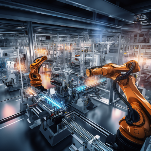 Robotic arm scanning product in manufacturing line