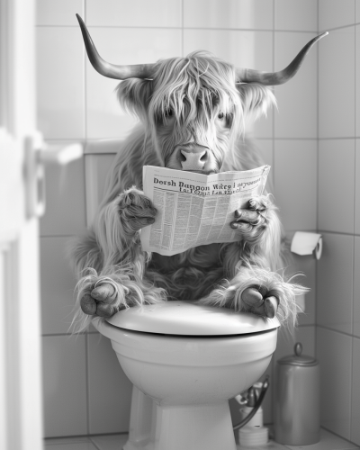 Highland Cow Bathroom Reading Newspaper