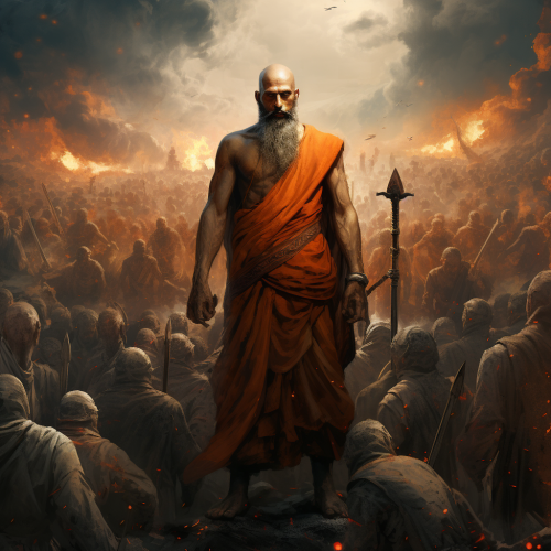 Hindu monk leading army with axe