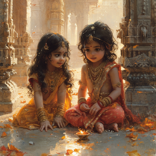 Hindu Prince Rama playing with toddler princess Sita