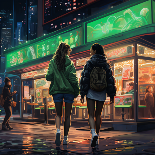 Hip hop style with green LEDS and girls walking to 80's diner