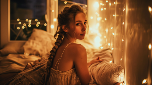 Beautiful hip skinny woman in Parisian bedroom