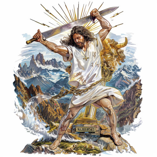 Jesus swinging sword at baphomet