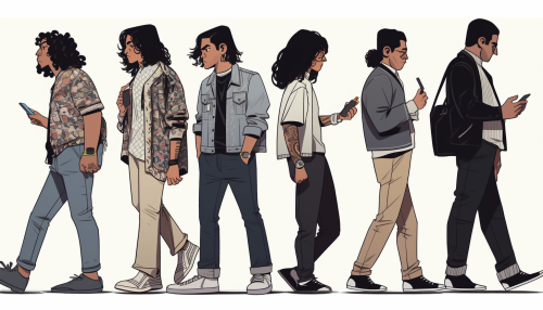 Group of Hispanic Guatemalan rockers checking their phones happily Group of Hispanic Guatemalan rockers checking their phones happily