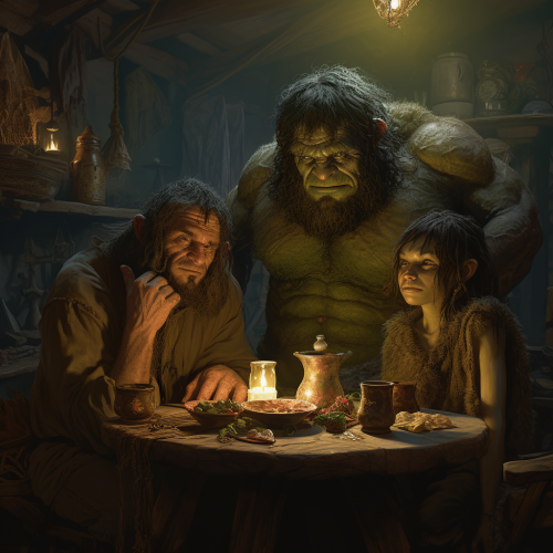Hobbit and Orc Family Sitting in House