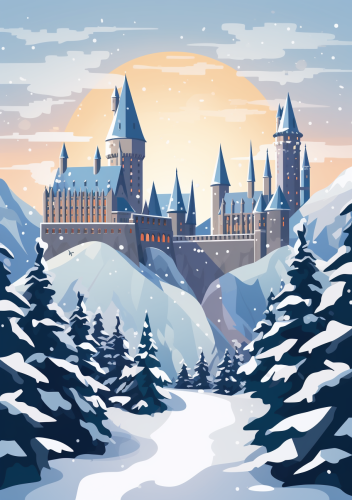 Minimalistic Hogwarts Snowy Day Illustration