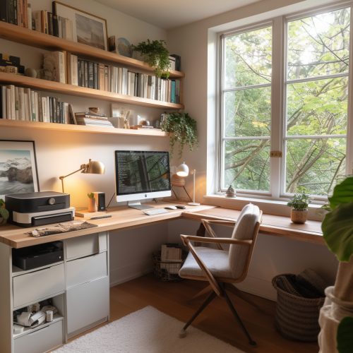 Home office corner desk bookshelf