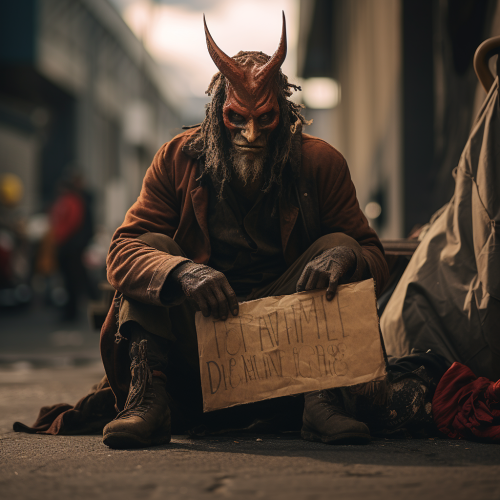 Homeless devil seeking human kindness