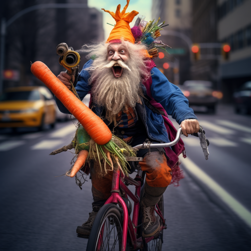 Homeless man playing trumpet while riding colorful bike