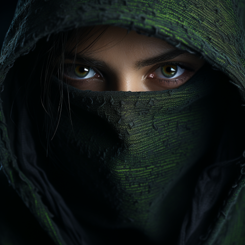 A person with a dark hood and bright green eyes A person with a dark hood and bright green eyes