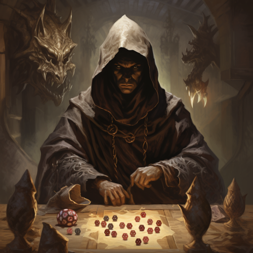 Illustration of a Hooded Game Master controlling a dragon