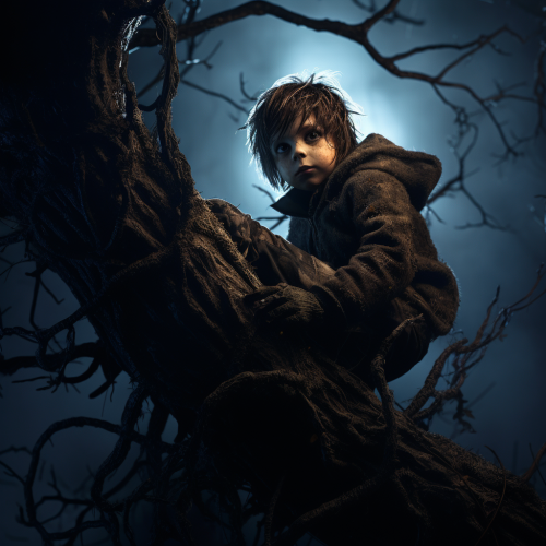 Scary kid sitting on a tree branch