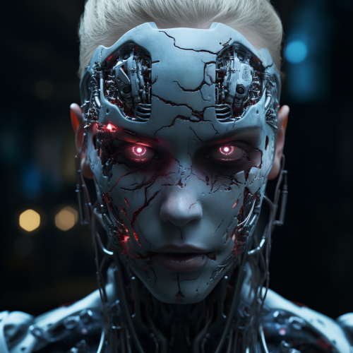 Women wearing horror mask in a cyberpunk setting