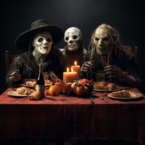 Jason, Michael Myers, ghost face, and Freddy having dinner
