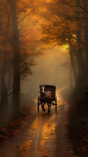 Horse-drawn carriage in rainy forest