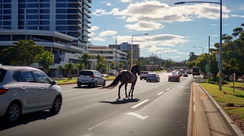 Two horses trotting on busy street