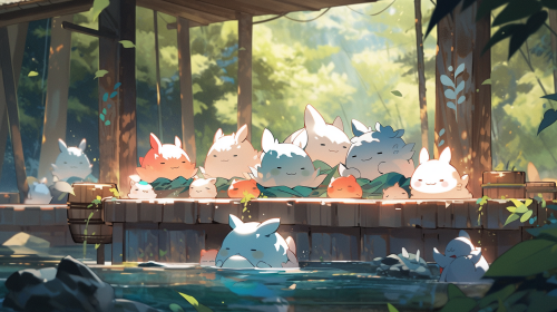 Hot spring in wood with animals, Chagall style