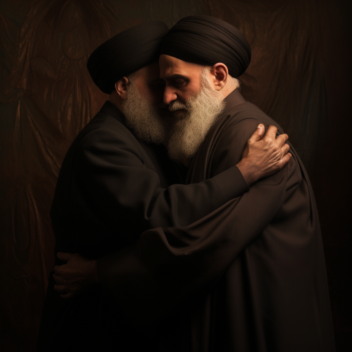 Imam Khomeini and Shah of Iran sharing an embrace