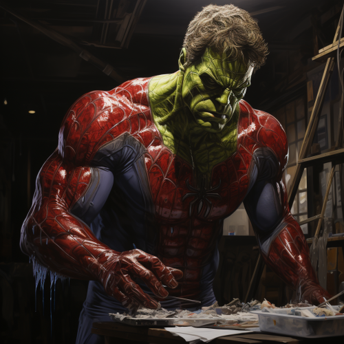 Hulk painting Ironman's realistic Spider-Man portrait