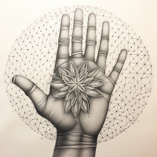 Sketch of human hand with flower of life
