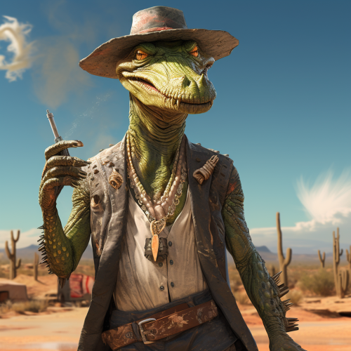 Green-skinned alligator hillbilly man with knife and cigar