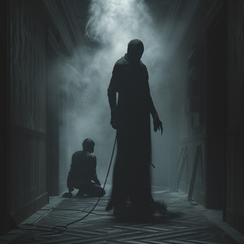 Dark cinematic image of humanoid demonic entity with person on leash