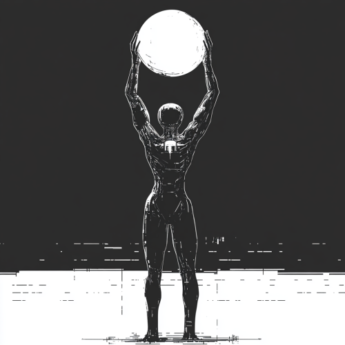Monochrome humanoid lifting round shape