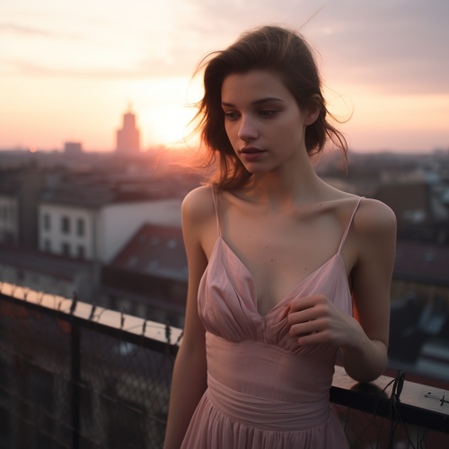 Stylish Hungarian woman in pink dress on rooftop